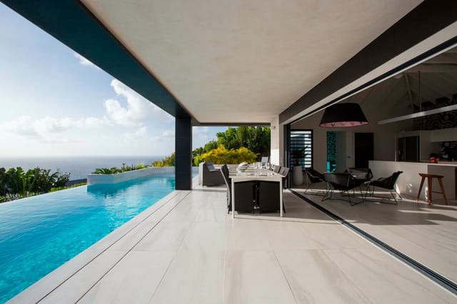 Dog covered terrace pool ocean at Villa Rose Dog