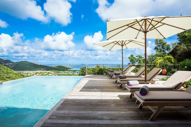 Alhéna pool sunbeds ocean view - by J at Villa Alhéna